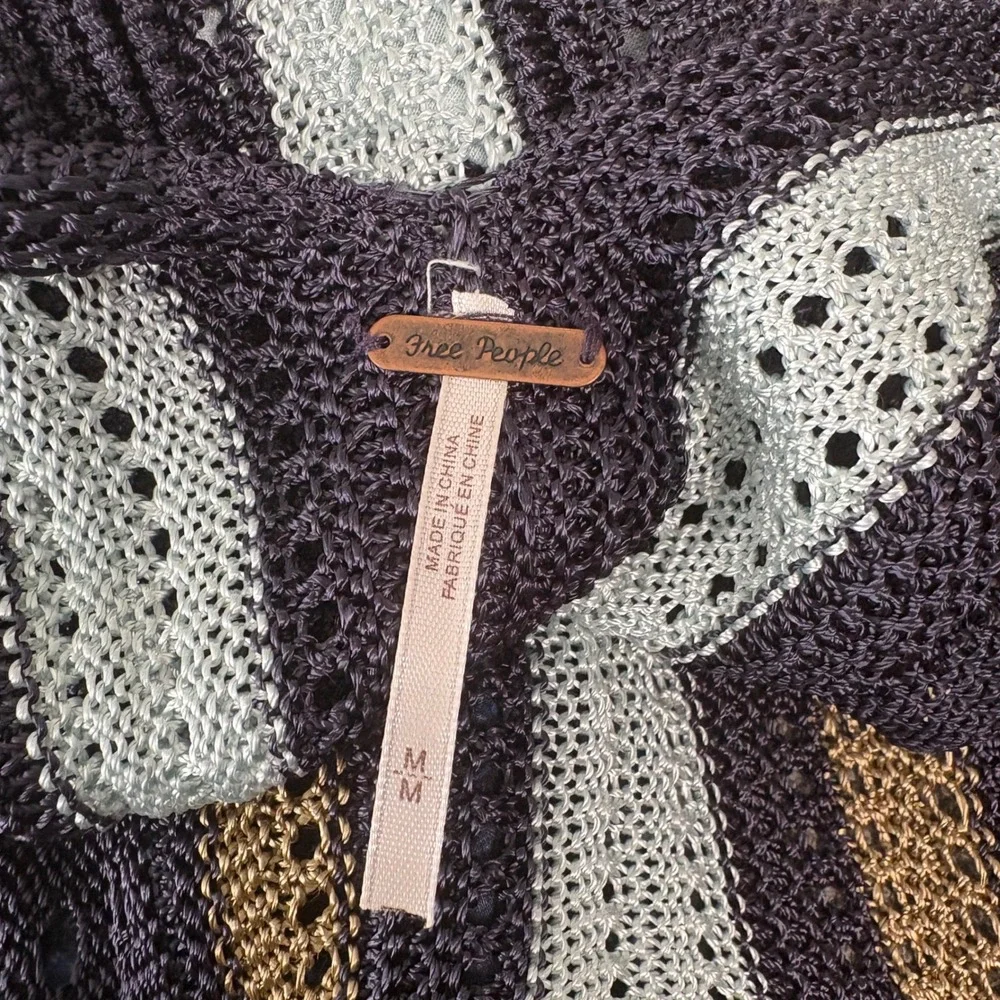 Free People Katies Mini Dress Womens Medium Blue Black Gold Crochet‎ Floral Boho